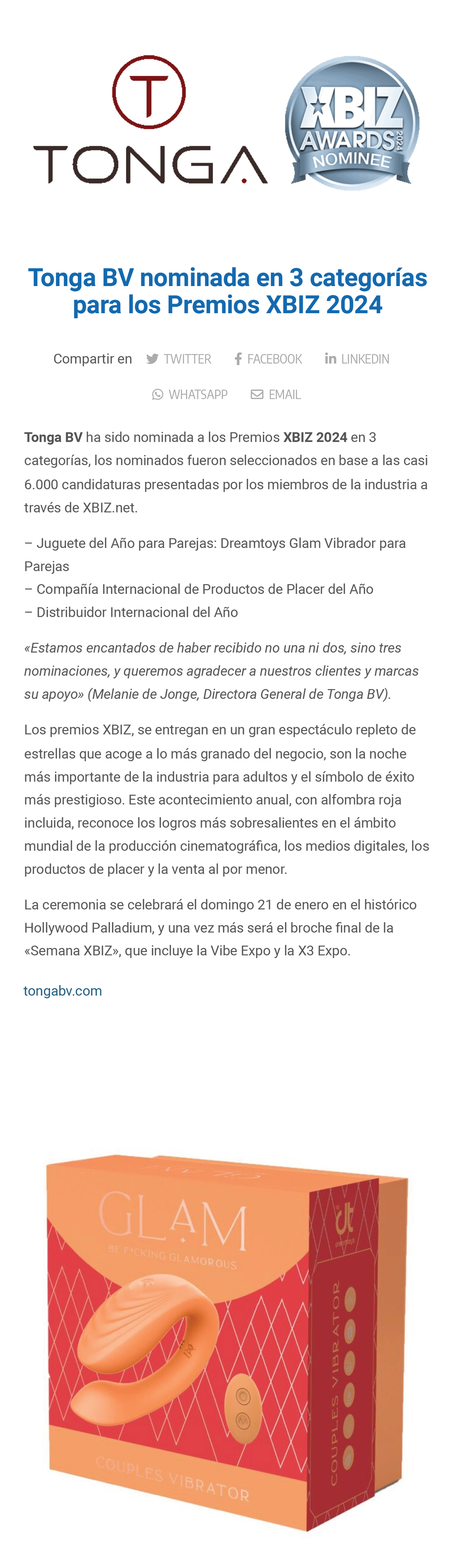 2023-11 Sugextions - Tonga BV nominada en 3 categorías para los Premios XBIZ 2024